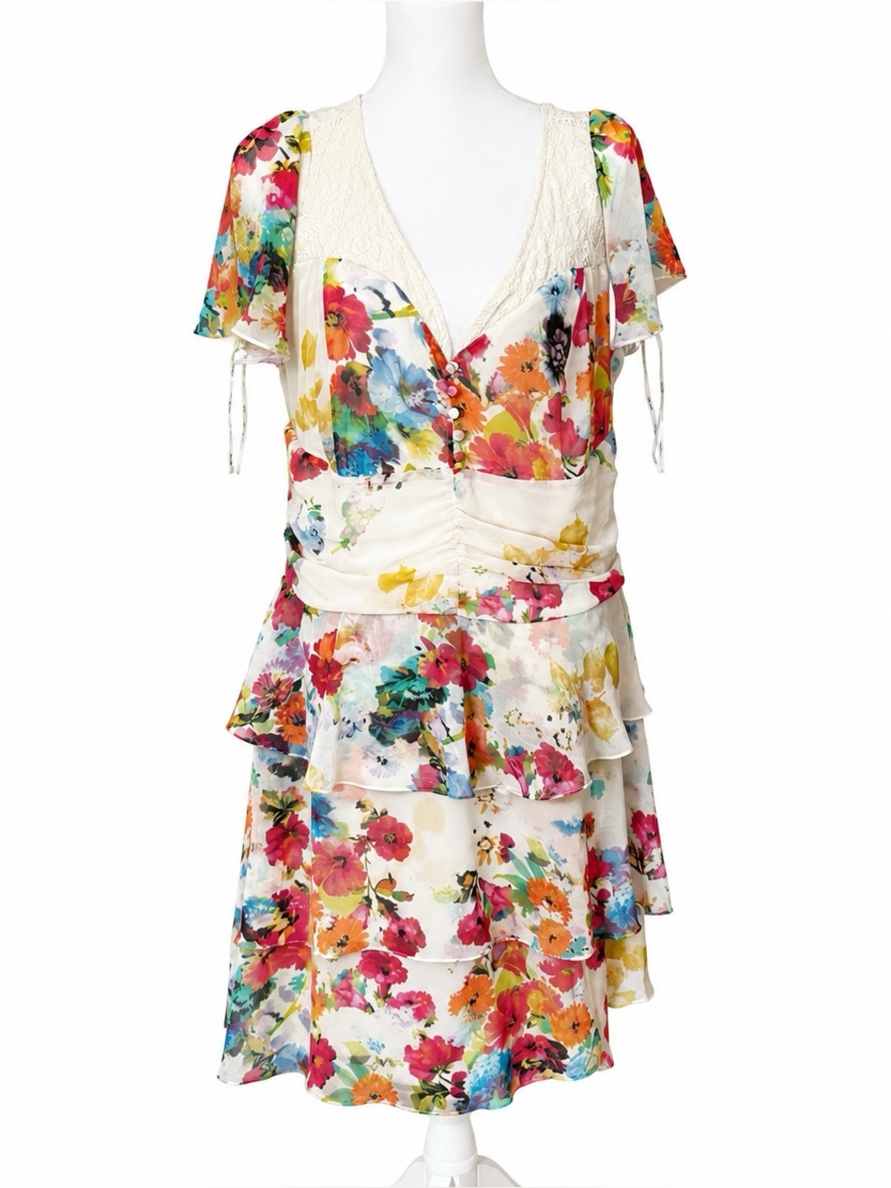 City Chic Cream‎ Floral Ruffle and Lace Midi Dress, Short Sleeves, Medium/18W